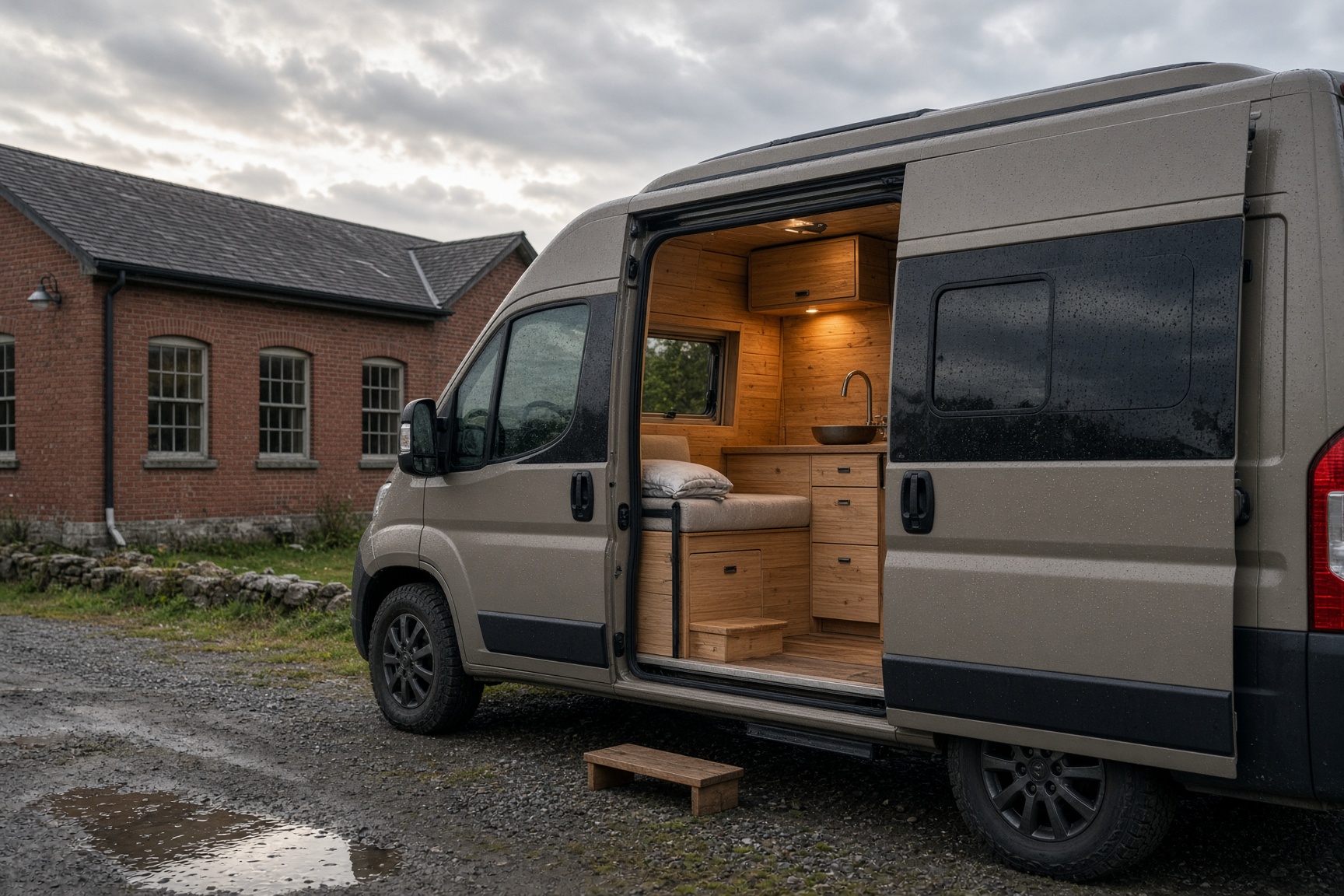 Camper conversion with the side door open, documented for an insurance appraisal