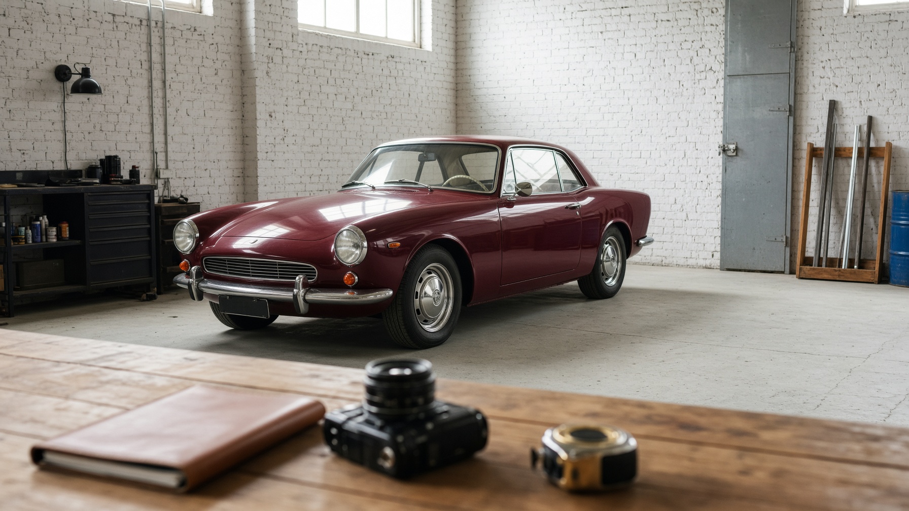 Classic coupe photographed in a workshop for a Cornwall vehicle appraisal