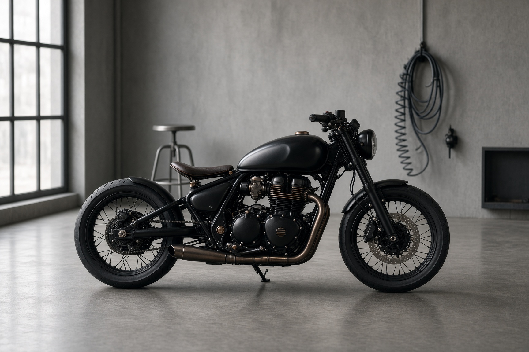 Custom motorcycle in a workshop, documented for a vehicle appraisal